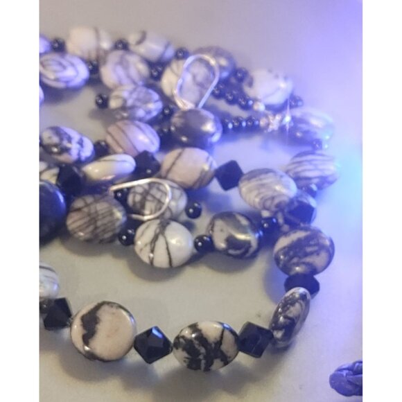 Spider Web Jasper Tourmaline Jewelry Set Black White Beaded Necklace Bracelet an - Picture 13 of 13